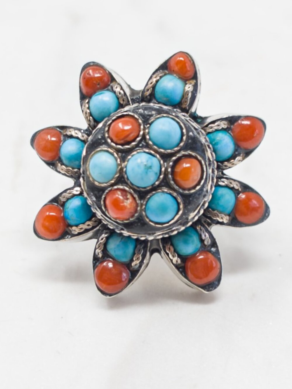 Vintage Himalayan Turquoise Coral Sterling Silver Statement Ring Size 8.25